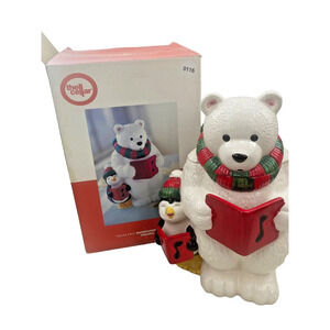Vintage Caroling Polar Bear & Penguin Christmas Cookie Jar Ceramic W/Box CELLAR